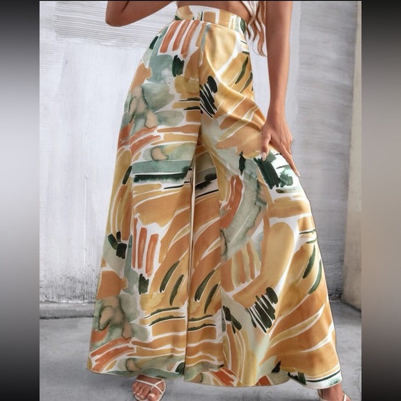 Boho High Waist Watercolor Brush Print Wide Leg Palazzo Pockets Pants - Picture 4 of 6